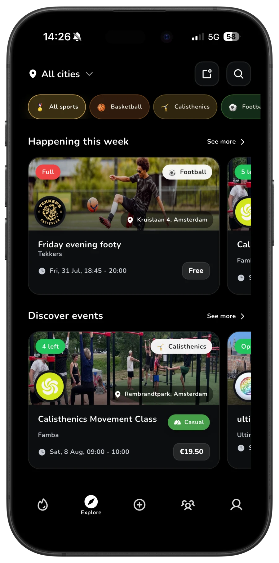 Tekkers app showing local sports events