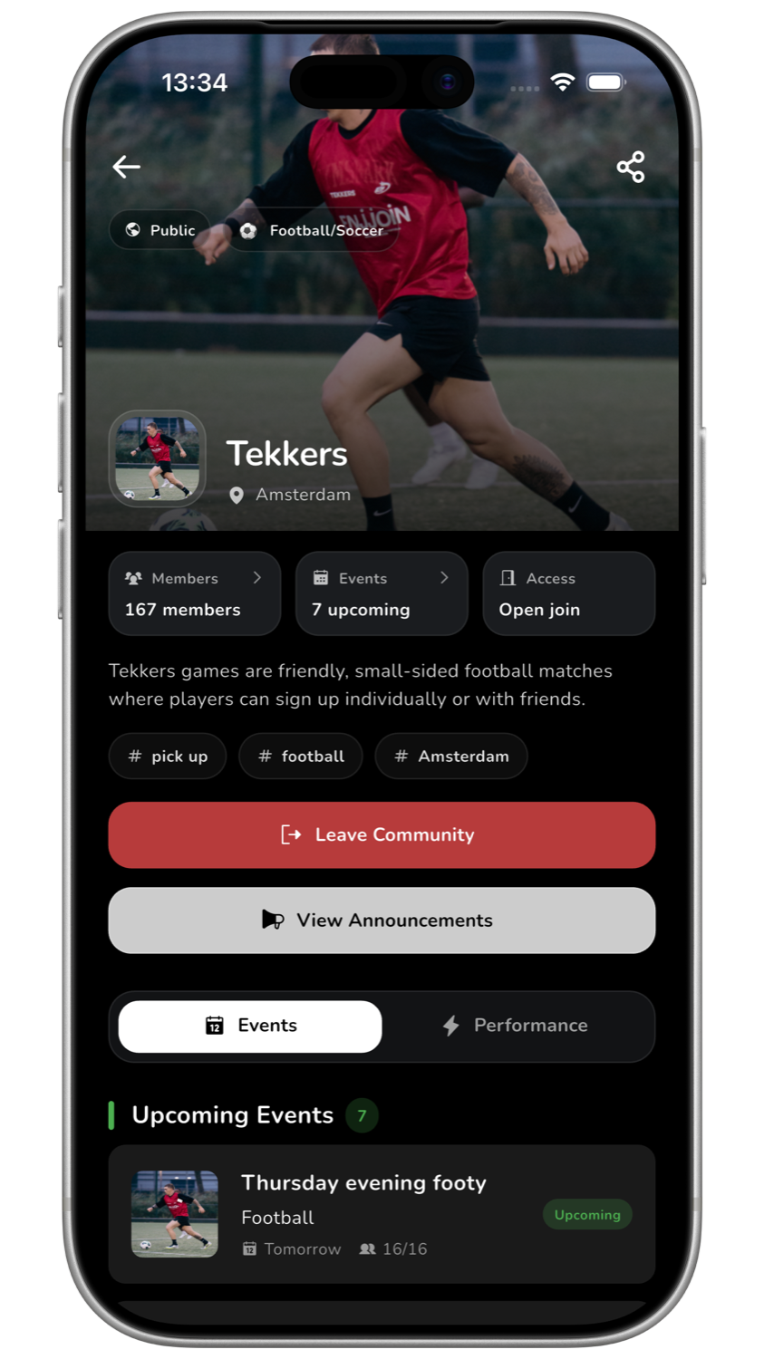 Tekkers community screen on iPhone