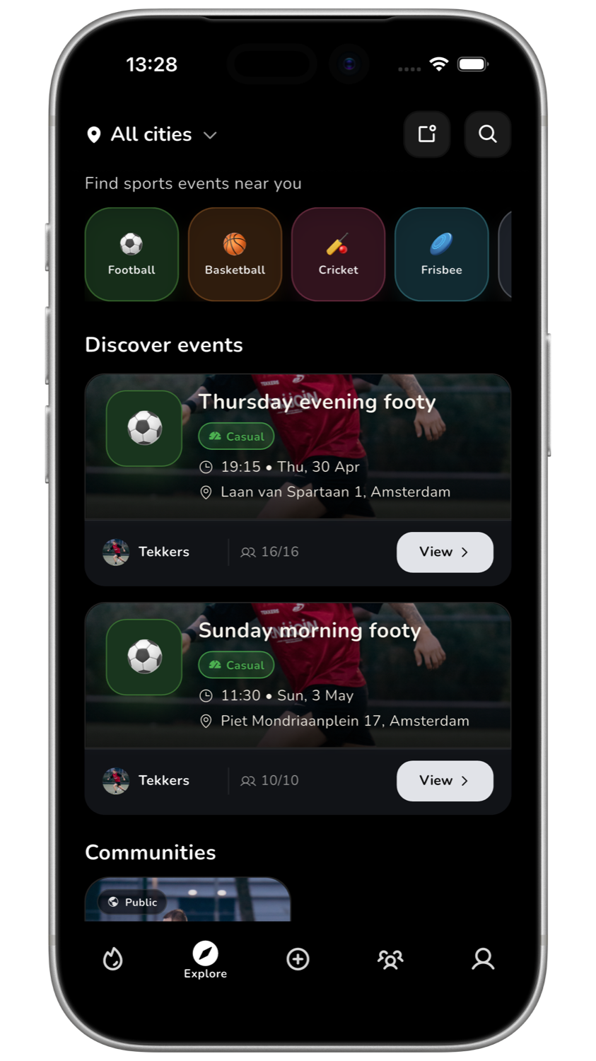 Tekkers app showing local sports events