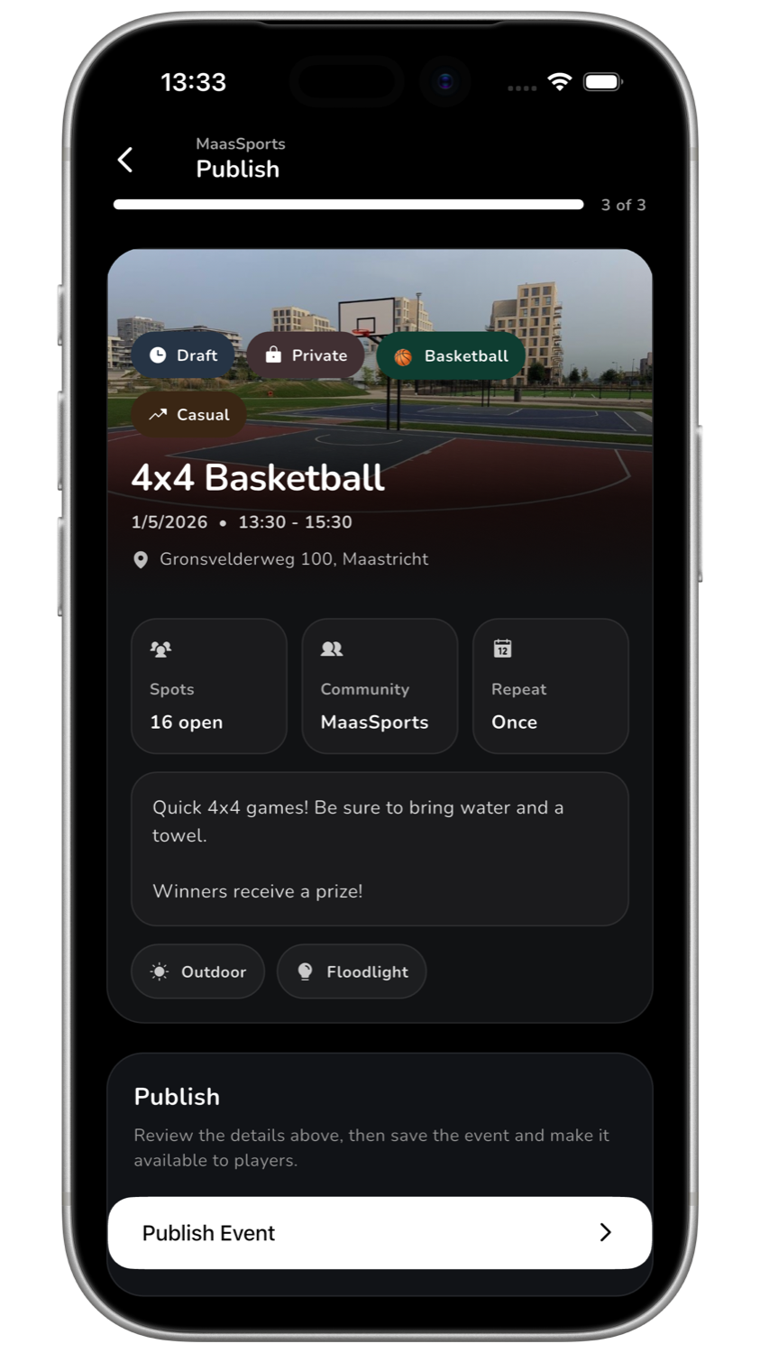 Tekkers publish event screen